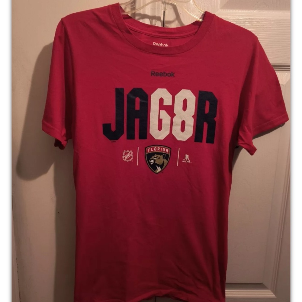 Florida Panthers Reebok Mens Large Spell Out Jaromir Jagr Hockey Red T-Shirt